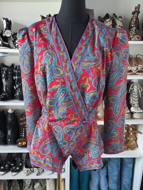 Vintage  Red Paisley Wrap Blazer with Tie Waist